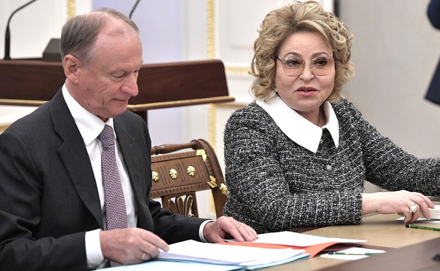 Expanded meeting of the Security Council, April 16, 2019 Security Council Secretary Nikolai Patrushev and Federation Council Speaker Valentina Matviyenko before the expanded meeting of the Security Council.