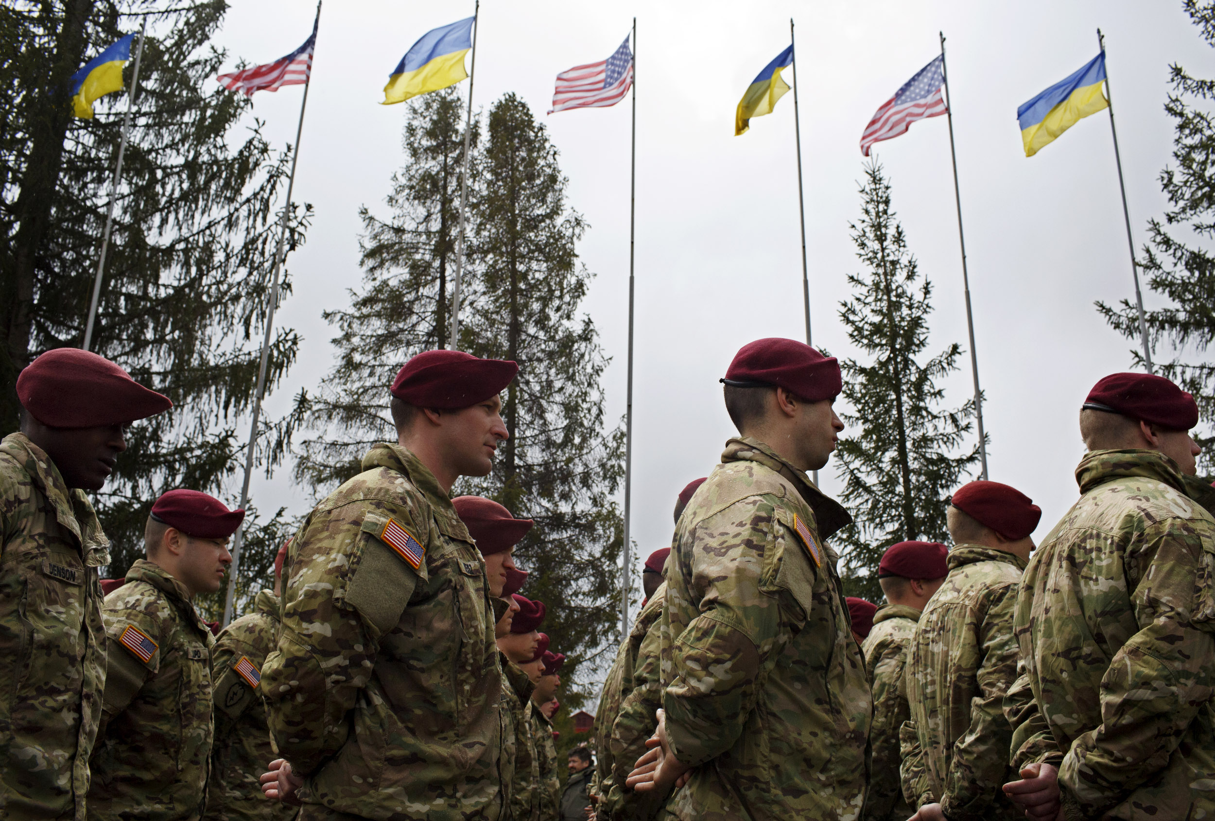 Members of the American 173rd Airborne unit stand at attention during the opening ceremony for Operation Fearless Guardian on April 20, 2015 at the International Peacekeeping and Security Center near Yavoriv, Ukraine. 