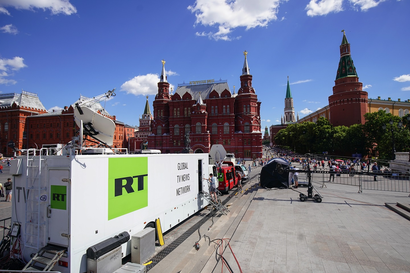 A photograph of a RT broadcasting van near Red Square