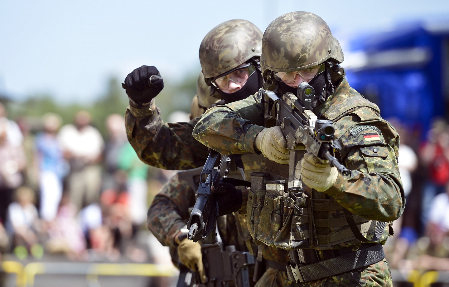 STADTALLENDORF, GERMANY - JUNE 12: German soldiers of the Division Schnelle Kraefte (DSK) show their skills at review Dutch and German troops at an event marking the integration of Dutch forces into the Division Schnelle Kraefte (DSK), or Rapid Forces Division, on June 12, 2014 in Stadtallendorf, Germany.