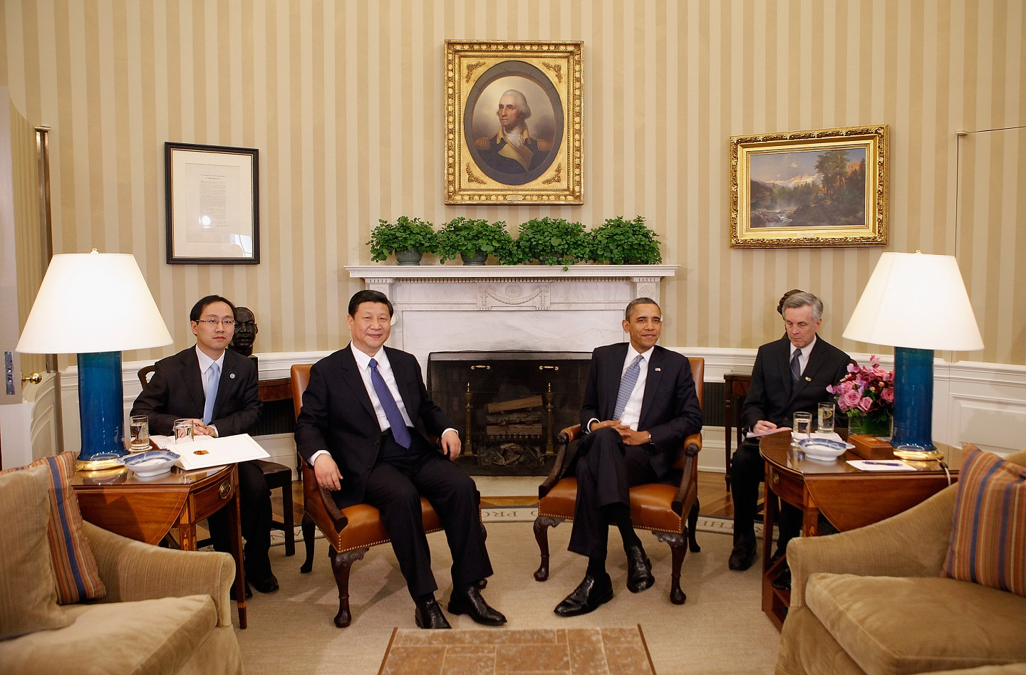 WASHINGTON, DC - FEBRUARY 14: U.S. President Barack Obama (2nd R) and Chinese Vice President Xi Jinping (2nd L) pose for photographs before meeting in the Oval Office at the White House February 14, 2012 in Washington, DC. While in Washington, Vice President Xi will meet with Obama, Vice President Joe Biden and other senior Administration officials to discuss a broad range of bilateral, regional, and global issues. 