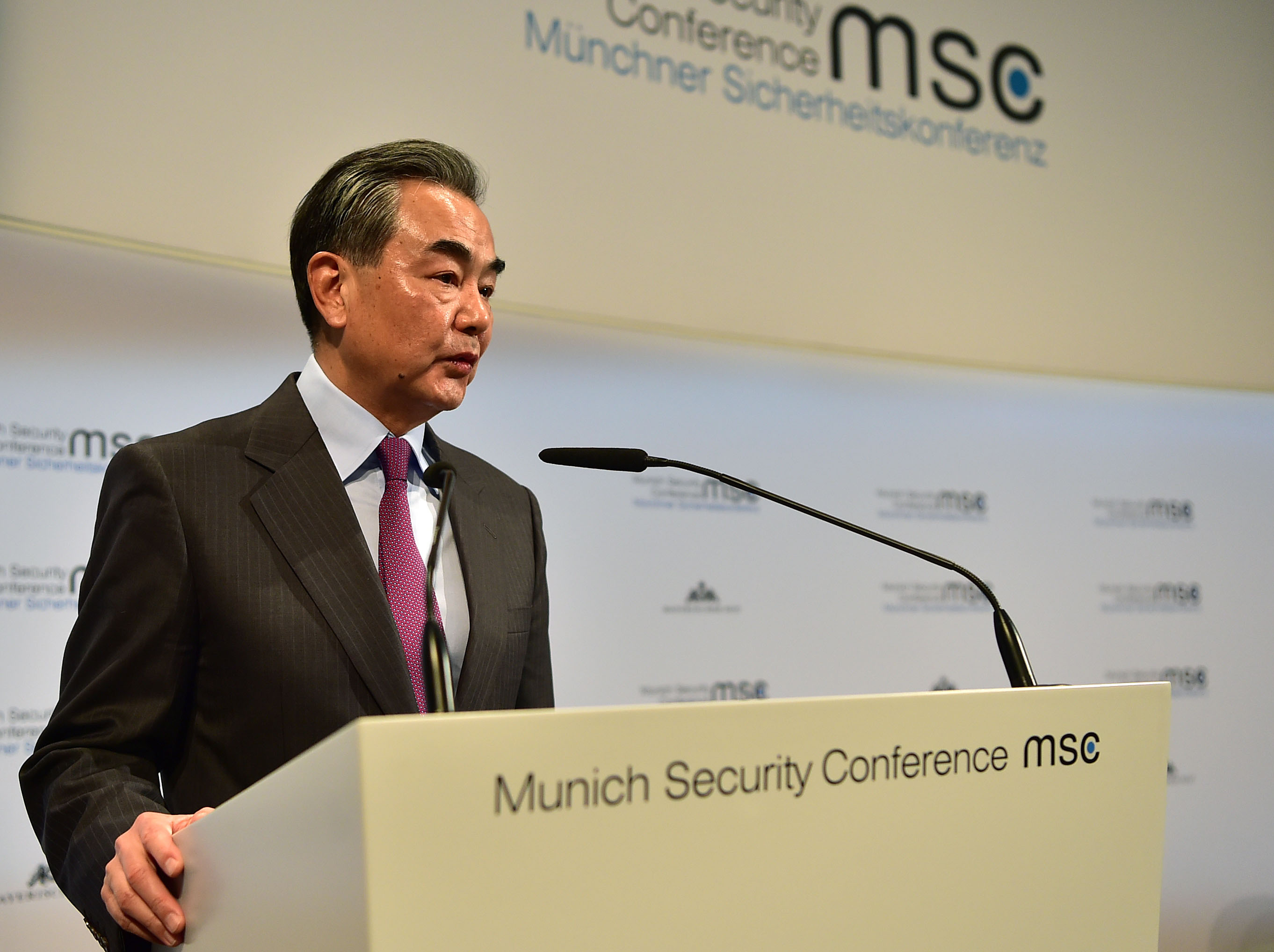  Chinese State Councilor and Foreign Minister Wang Yi makes a speech at the Munich Security Conference in Munich, Germany, on Feb. 15, 2020.