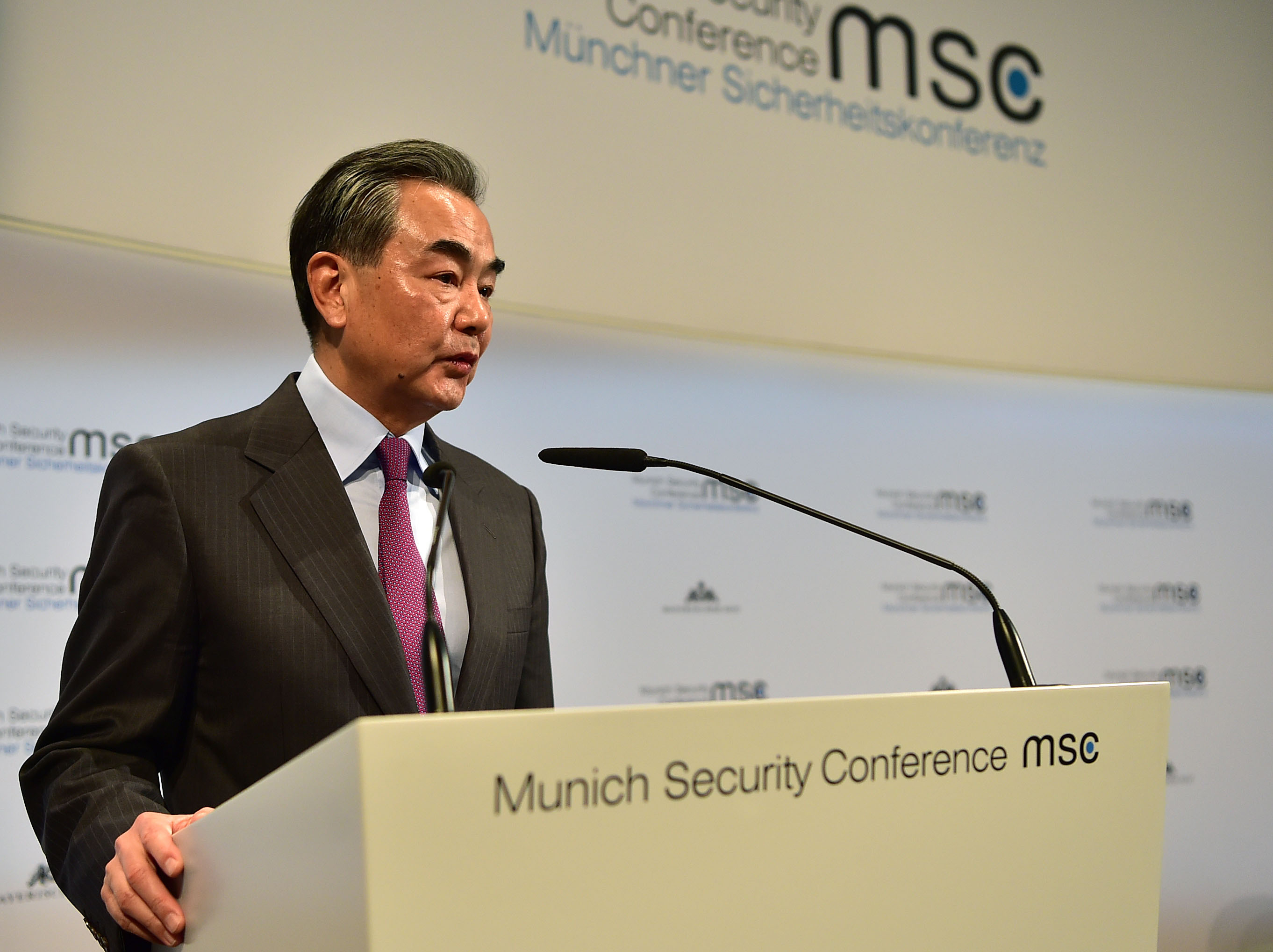 Chinese State Councilor and Foreign Minister Wang Yi makes a speech at the Munich Security Conference in Munich, Germany, on Feb. 15, 2020.