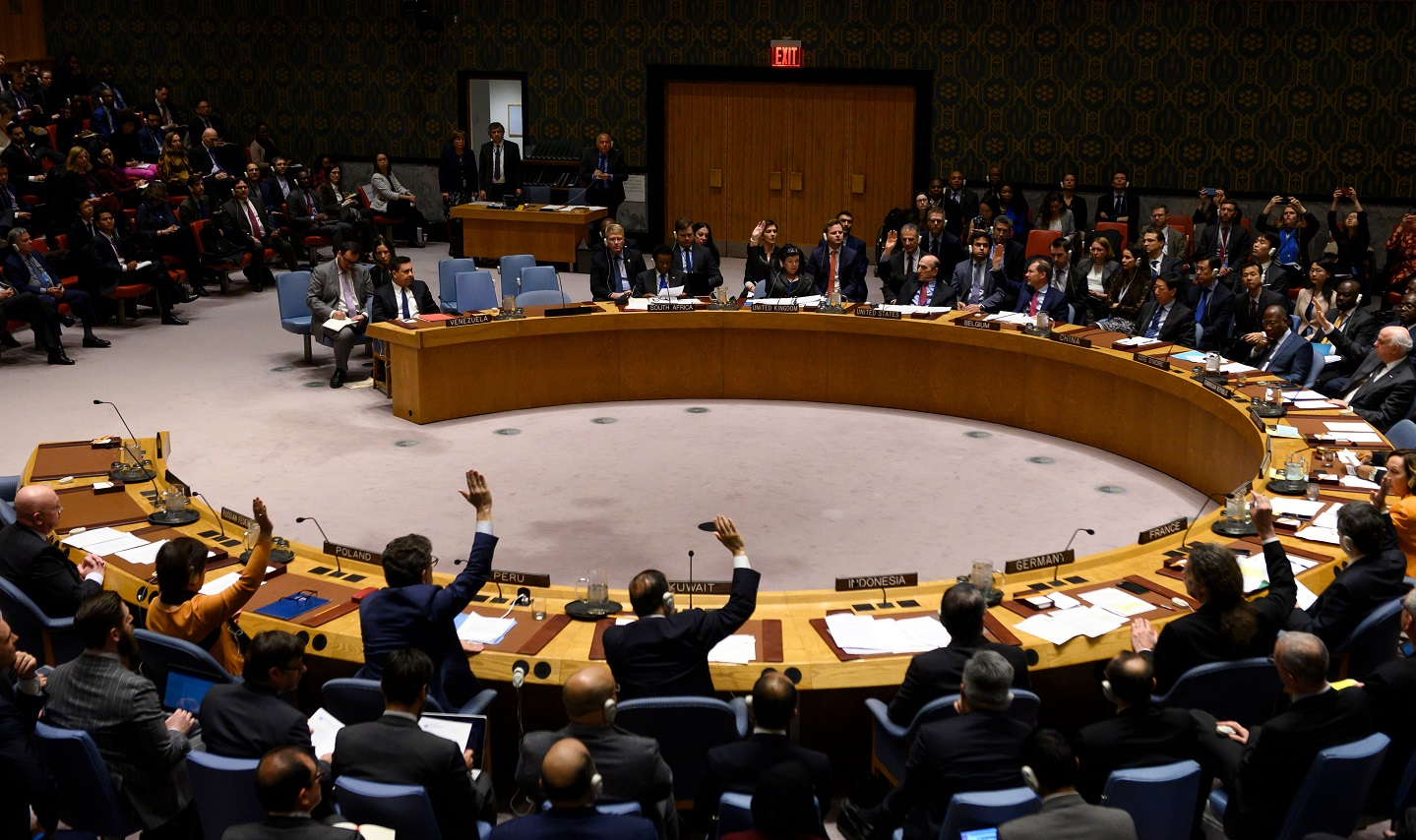 The members of the United Nations Security Council hold a meeting to vote for a resolutions on controlling the turmoil in Venezuela on February 28, 2019 at the United Nations in New York.