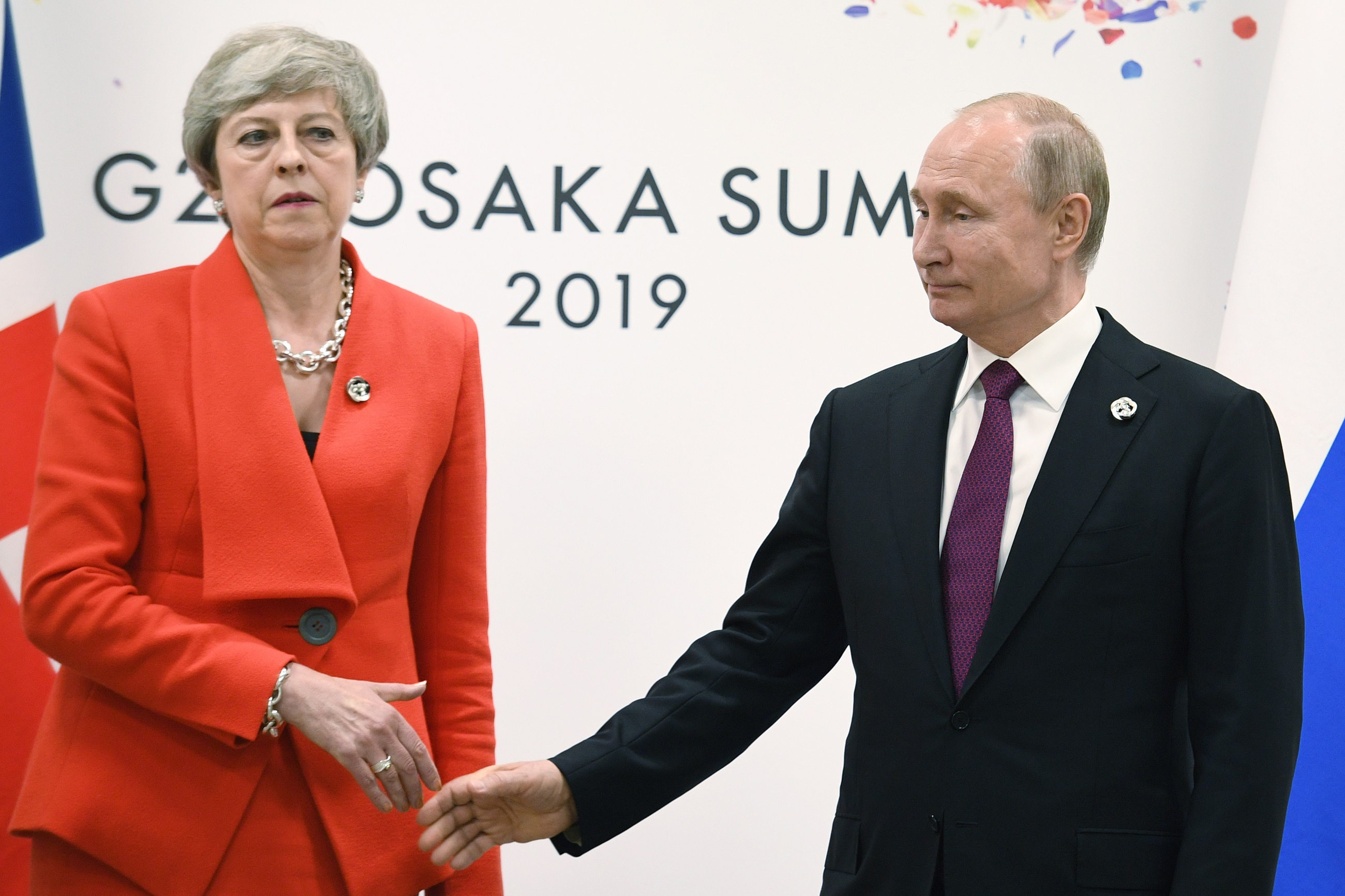 Prime Minister Theresa May meets Russian President Vladimir Putin during the G20 summit in Osaka, Japan. 