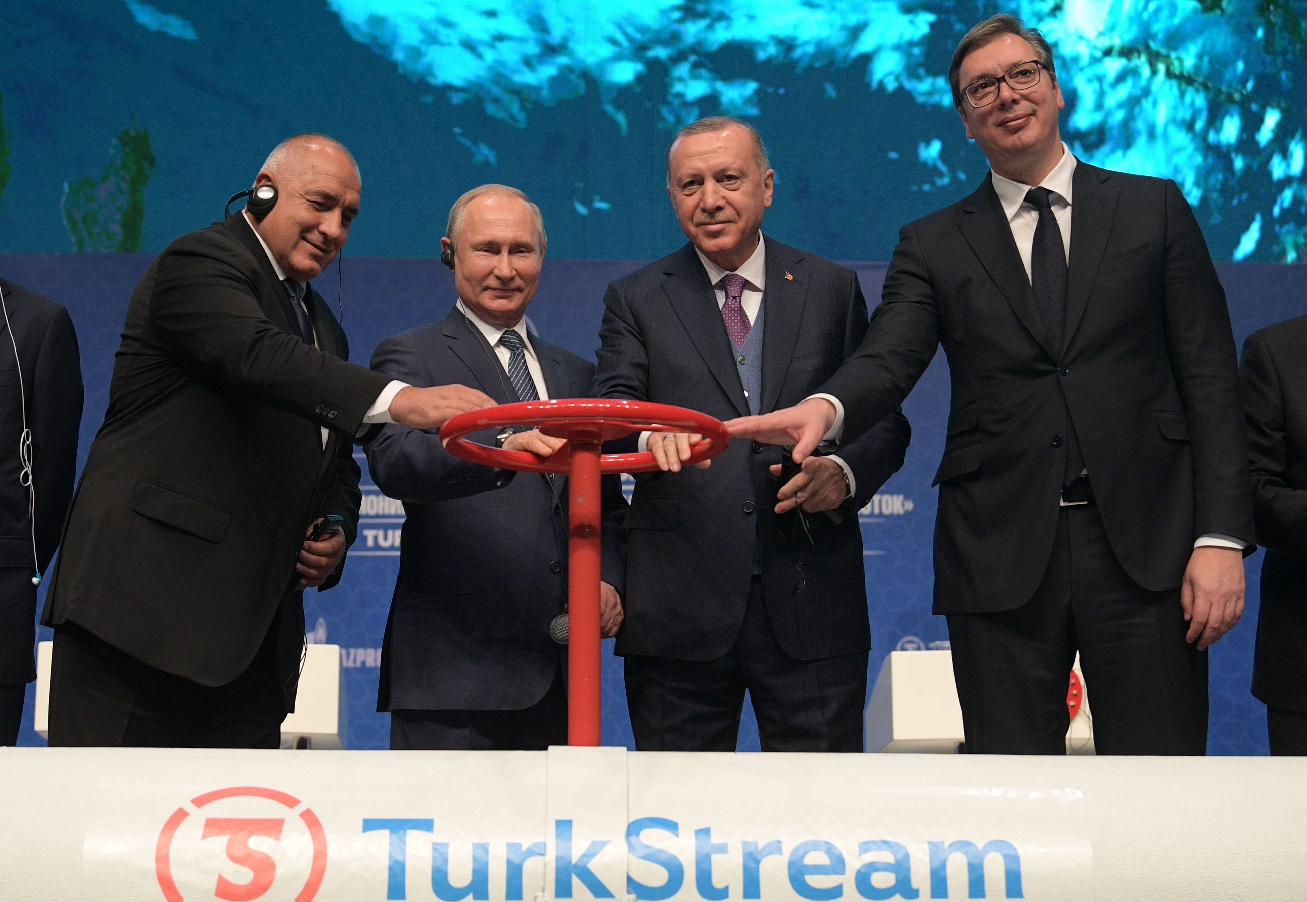 From L: Bulgarian Prime Minister Boyko Borisov, Russian President Vladimir Putin, Turkish President Recep Tayyip Erdogan and Serbian President Aleksandar Vucic attend an inauguration ceremony of a new gas pipeline "TurkStream" on January 8, 2020 in Istanbul.