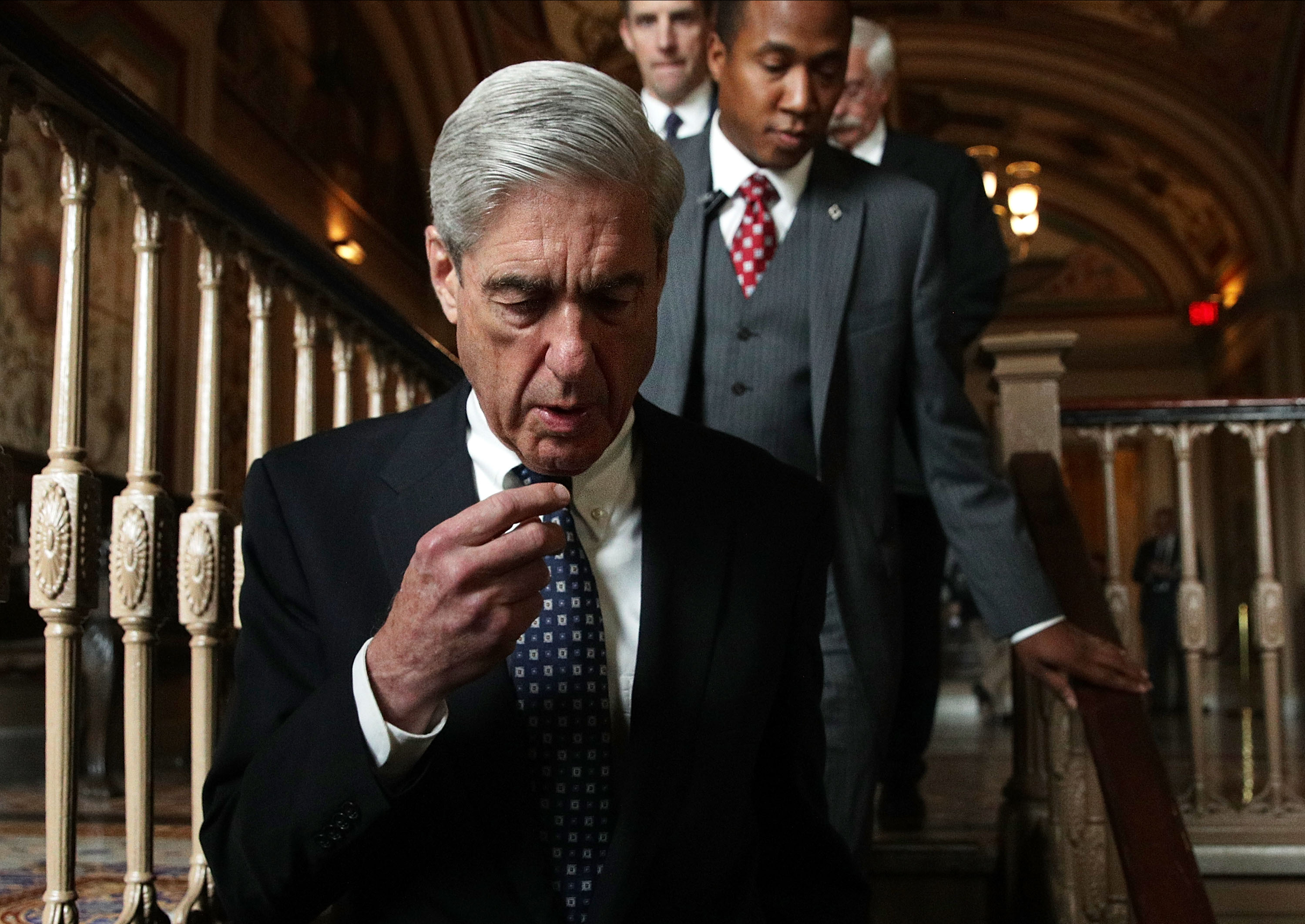 Robert Mueller (L) arrives at the U.S. Capitol for closed meeting with members of the Senate Judiciary Committee June 21, 2017 in Washington, DC. The committee meets with Mueller to discuss the firing of former FBI Director James Comey. 