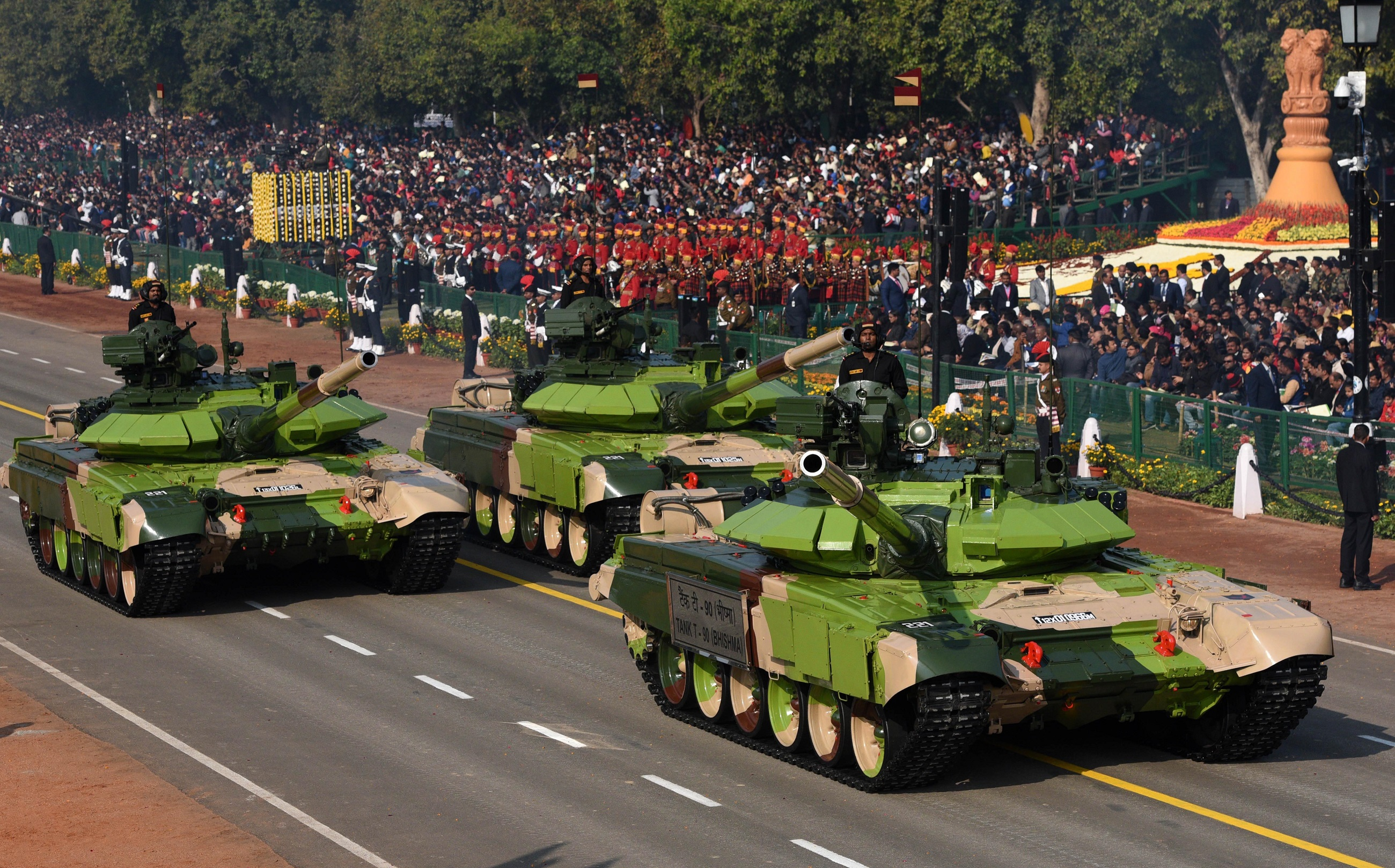 T-90 tanks pass through the saluting base during the 70th Republic Day Parade at Rajpath, on January 26, 2019 in New Delhi, India. On Indias 70th Republic Day, the annual parade showcased the country's rich cultural heritage and traditions.