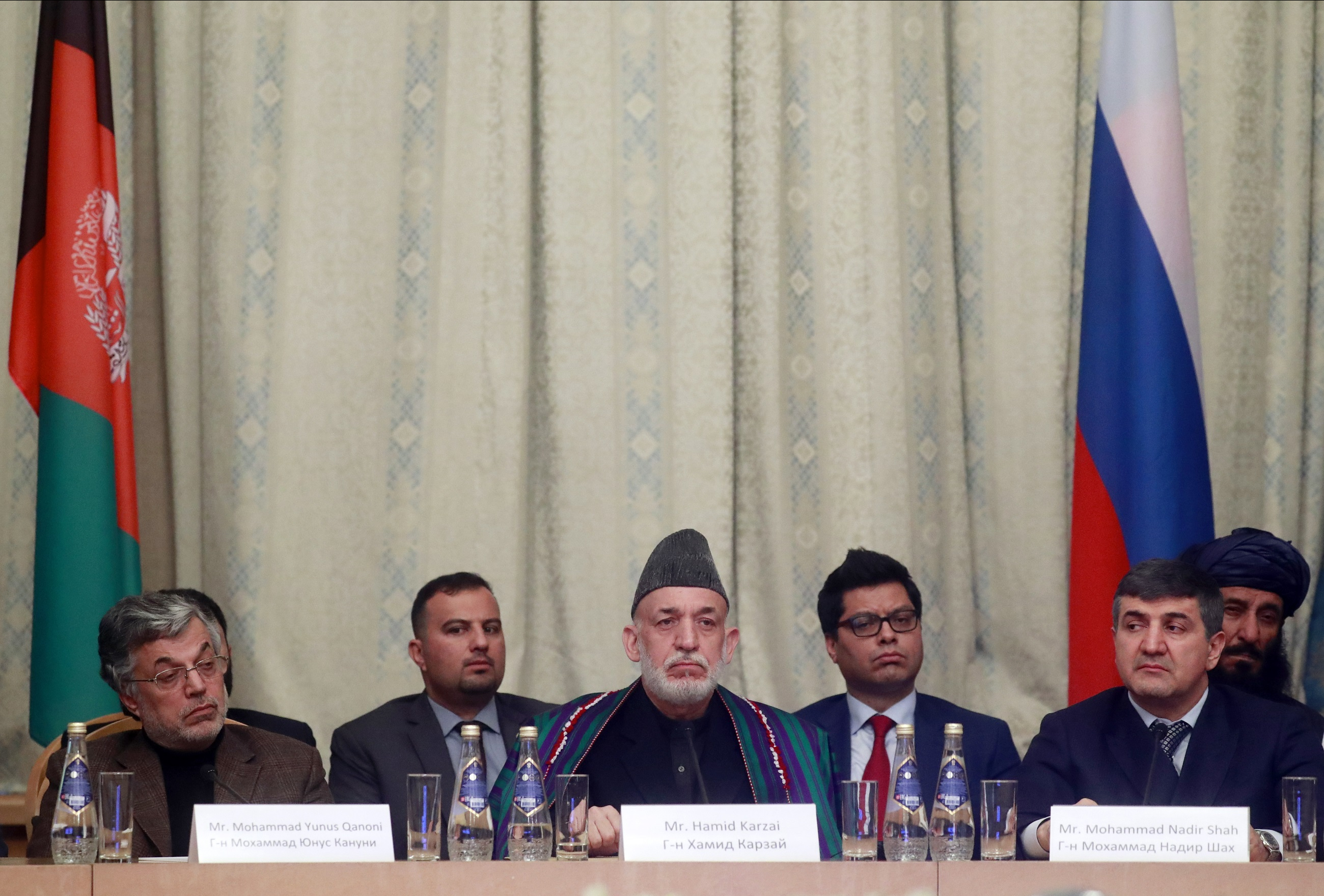 Intra-Afghan talks in Moscow MOSCOW, RUSSIA FEBRUARY 5, 2019: Afghanistan's former vice president Yunus Qanuni, Afghanistan's former president Hamid Karzai, and entrepreneur Mohammad Nadir Shah (L-) attend an intra-Afghan meeting.