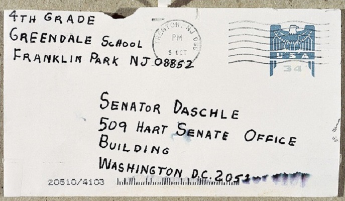 Amerithrax (anthrax investigation) envelope addressed to Senator Thomas Daschle, postmarked October 9, 2001.