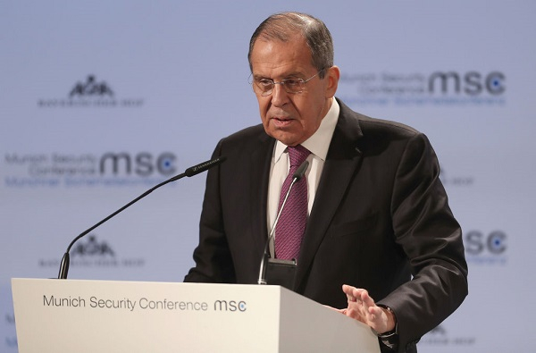 Russia's Foreign Minister Sergej Lavrov gives his speech during the 55th Munich Security Conference (MSC) on February 16, 2019 in Munich, Germany.