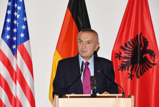 The President of the Republic of Albania Ilir Meta speaks to 98 participants from 42 countries about security and Euro-Atlantic integration in the Balkans from the Albanian perspective at the George C. Marshall European Center for Security Studies Oct. 25.