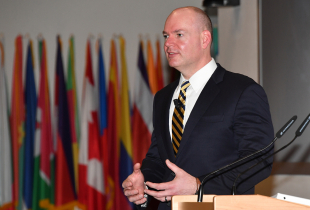 GARMISCH-PARTENKIRCHEN, Germany (March 7, 2019) – The Deputy Assistant Secretary of Defense for Counternarcotics and Global Threats Thomas Alexander speaks to 71 participants from 42 nations graduating from the Countering Transnational Organized Crime March 7 at the George C. Marshall European Center for Security Studies based here. For more photos of CTOC 19-06, visit the Marshall Center Photo Gallery. (DOD photo by Karl-Heinz Wedhorn/RELEASED)