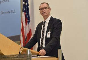 Dr. Ralf Roloff, course director for the European Security Seminar-East, introduces guest speaker Nicu Popescu, a senior analyst with the European Union Institute for Security Studies (EUISS) during ESS-E Jan. 25 at the George C. Marshall European Center for Security Studies in Garmisch-Partenkirchen, Germany. (Marshall Center photo by U.S. Army Staff Sgt. Amanda Moncada)