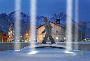 The bronze statue of Gen. George C. Marshall, an American statesman and soldier, in front of the George C. Marshall European Center for Security Studies is pictured in the snow.