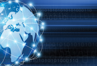 Graphic of globe with communication signals bouncing around.