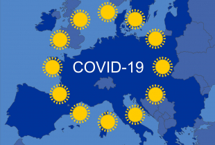 Graphic of a blue European Union map with Coronavirus overlay as European Union flag.