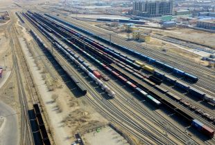 Aerial photo taken on April 11, 2020 shows a logistic station of the Erenhot Port in north China's Inner Mongolia Autonomous Region. 