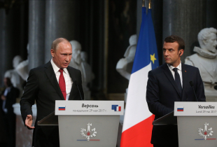  French President Emmanuel Macron (R) and Russian President Vladimir Putin (L) during their meeting on May, 29, 2017 in Versailles, France. Putin is visiting France for talks with Macron in the wake of the G7 summit, with the Ukrainian crisis, the war in Syria and Russia's ties with the EU expected to be on the agenda.