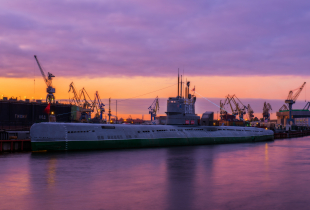 Russian Submarine at the pier in Saint Petersburg at sunset.