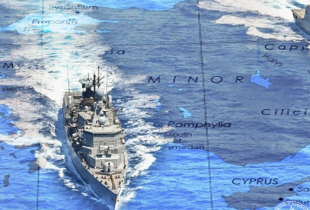 Map of Mediterranean Sea with three war ships at sea.