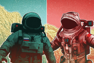 2 humans in space suits, China and Russian