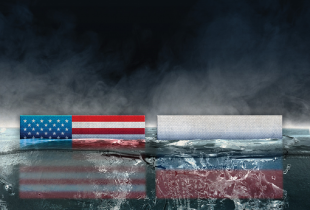 US and RUssia flags in water