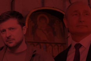 Image of Zelenskyy and Putin in black and red
