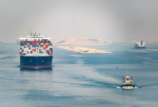 Huge cargo ships navigate through Suez Canal.