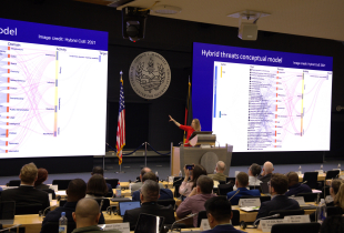 Piret Pernik, a researcher with NATO’s Cooperative Cyber Defence Centre of Excellence, speaks at PCSS. 
