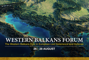 A stylized satellite map of Southeast Europe highlights the Adriatic Sea and surrounding mountain ranges. Overlaid text reads “Western Balkans Forum – The Western Balkans Role in European-Led Deterrence and Defense, 26–28 August.