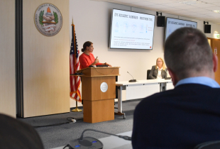 Woman presents to a room full academic and regional security experts