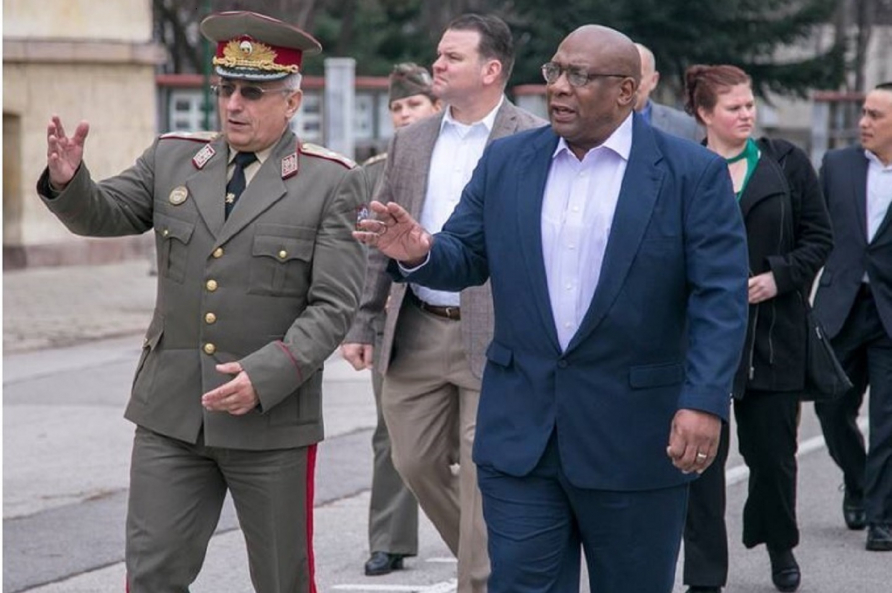 LTC Brandon Pressley, ARMA and COL Kelly MacDonald escorting LTG Hooper at a visit to National Defense Academy, Bulgaria.