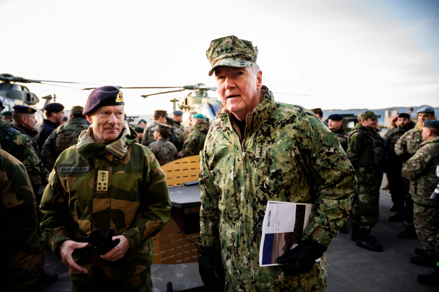 U.S. Admiral James G Foggo (R), Commander of the NATO Trident Juncture exercise, and Norway's Chief of Defense Admiral Haakon Bruun-Hanssen (L) attend a ceremony to mark the end of NATO exercice Trident Juncture at the Vaernes airport in Stjoerdal, Norway, on 7 November 2018.