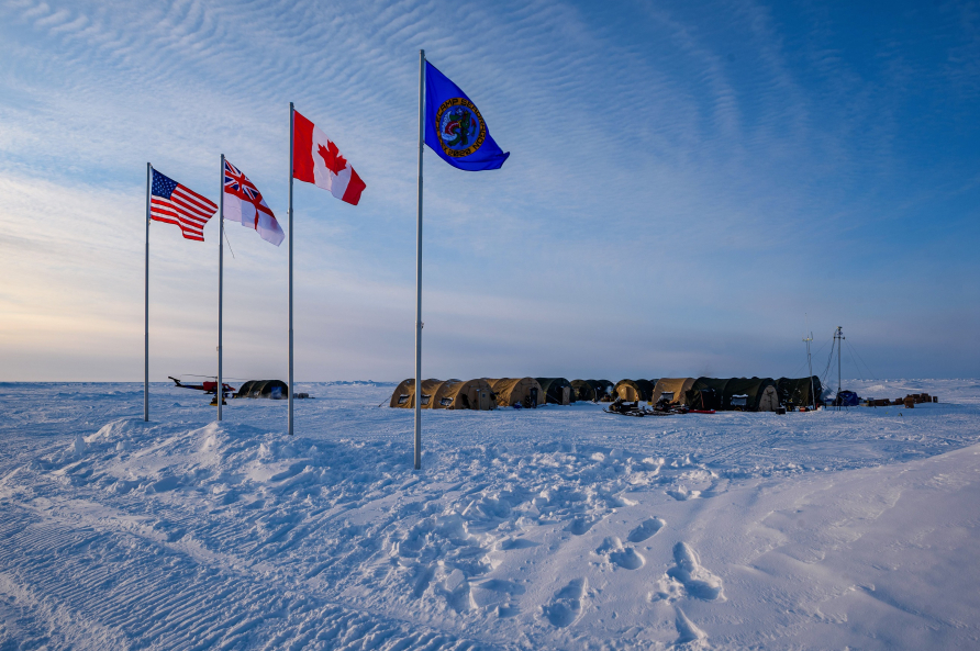 Partner nation's flags fly over Ice Camp Seadragon during Ice Exercise (ICEX) 2020.