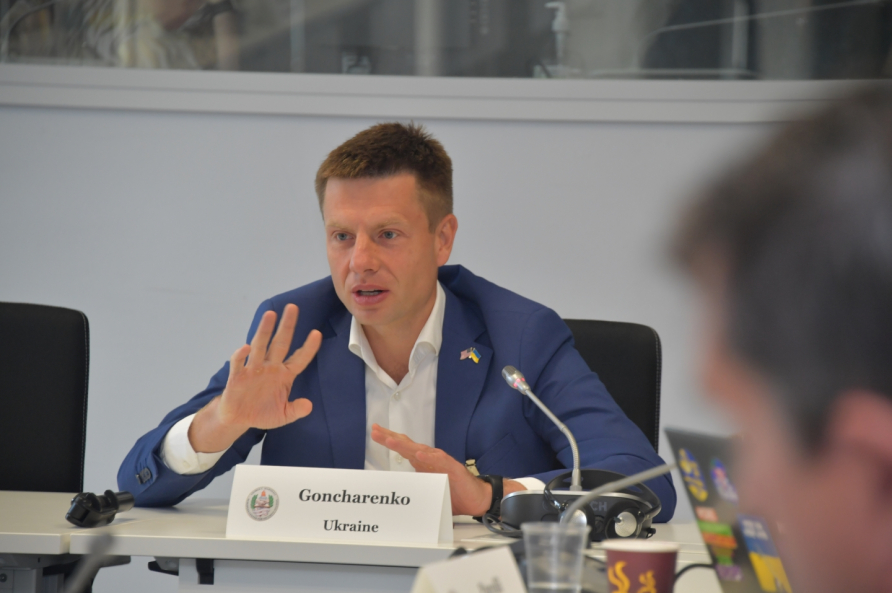 Ukrainian member of parliament Oleksii Goncharenko speaks during conference