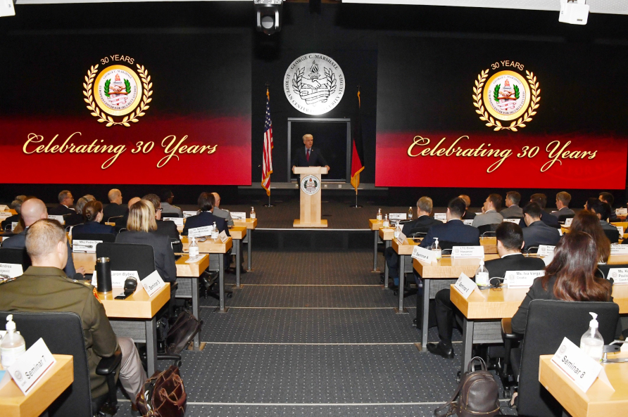 Marshall Center Director retired Maj. Gen. Barre Seguin speaks to the PASS participants during the graduation ceremony. 