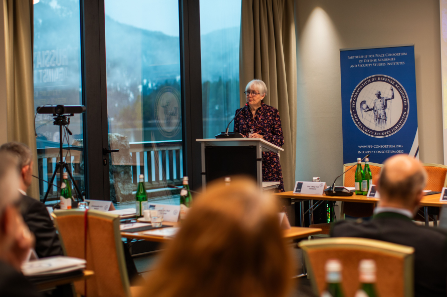 Madeleine Moon, former President of the NATO Parliamentary Assembly, speaks to participants for her keynote speech.