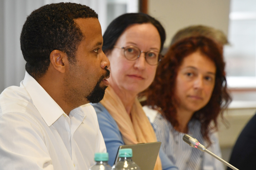 Dr. Aaron Allen, Georgetown University, speaks as Miriam Kosmehl of the Bertelmann Foundation and Stefania Benaglia   at EU as a Strategic Actor Workshop
