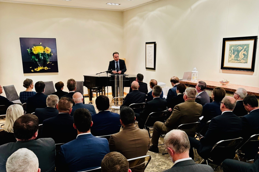 U.S. Ambassador David Pressman speaks at a Marshall Center alumni outreach event in Budapest Nov. 19.