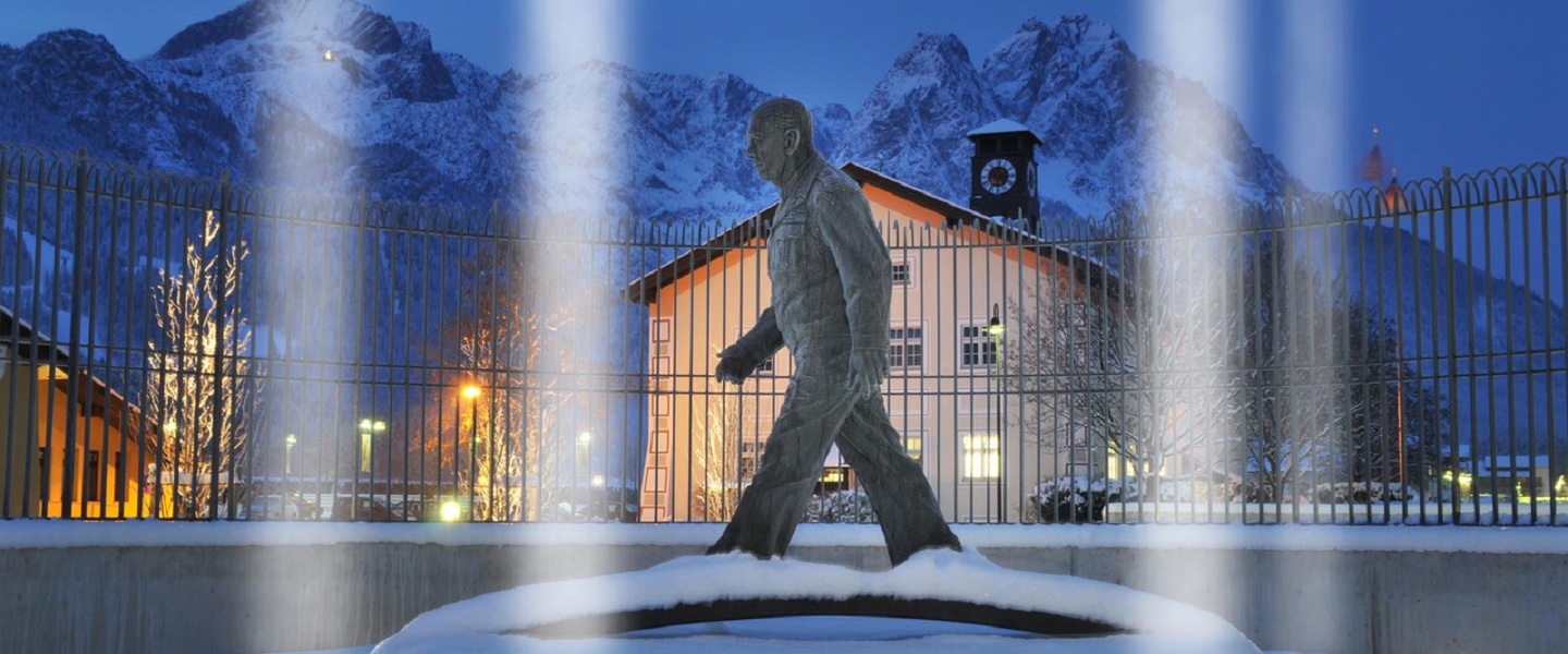 The bronze statue of Gen. George C. Marshall, an American statesman and soldier, in front of the George C. Marshall European Center for Security Studies is pictured in the snow.