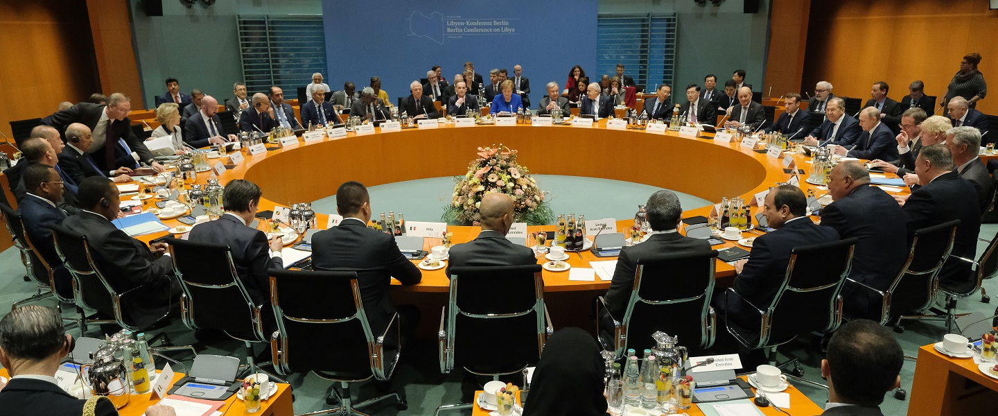 The main session at an international summit on securing peace in Libya at the Chancellery begins on January 19, 2020 in Berlin, Germany. Leaders of nations and organizations linked to the current conflict are meeting to discuss measures towards reaching a consensus between the warring sides and ending hostilities.