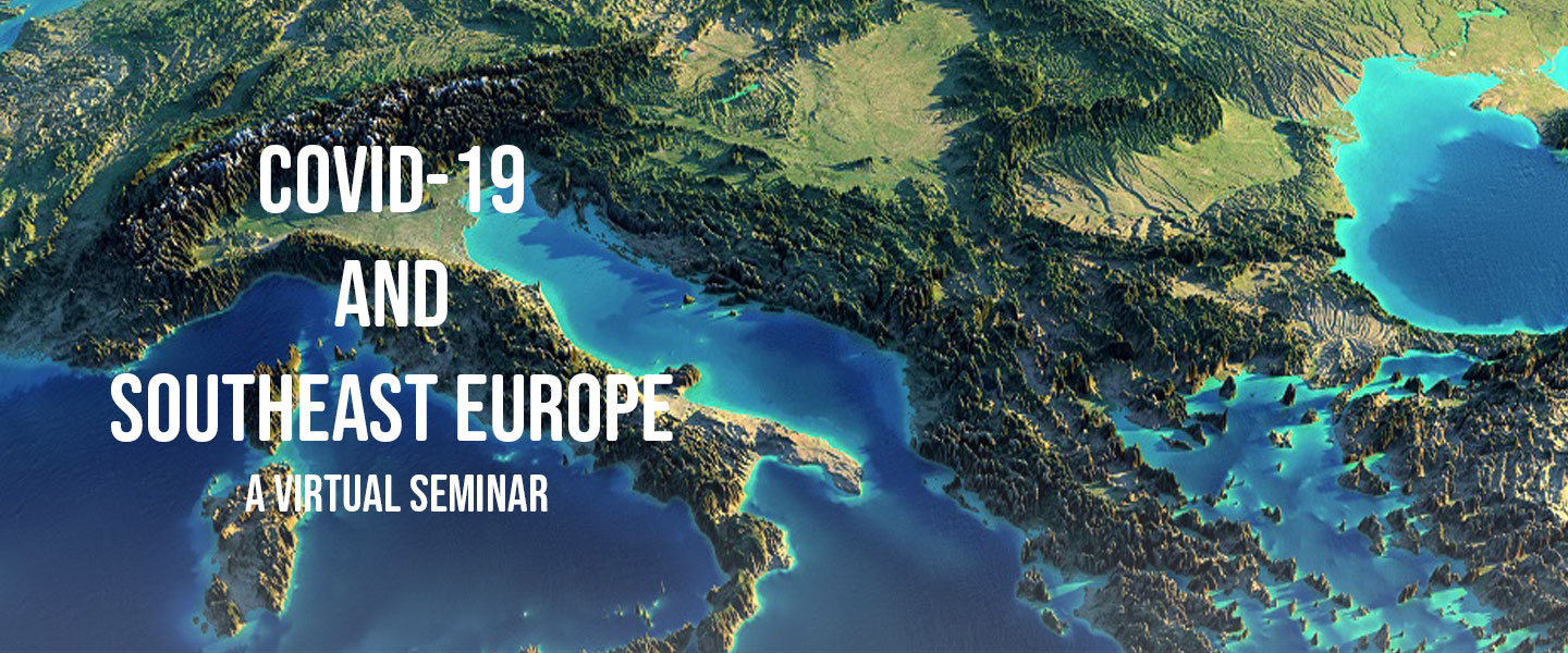 A graphic of europe with the title of this online event COVID-19 and Southeast Europe.