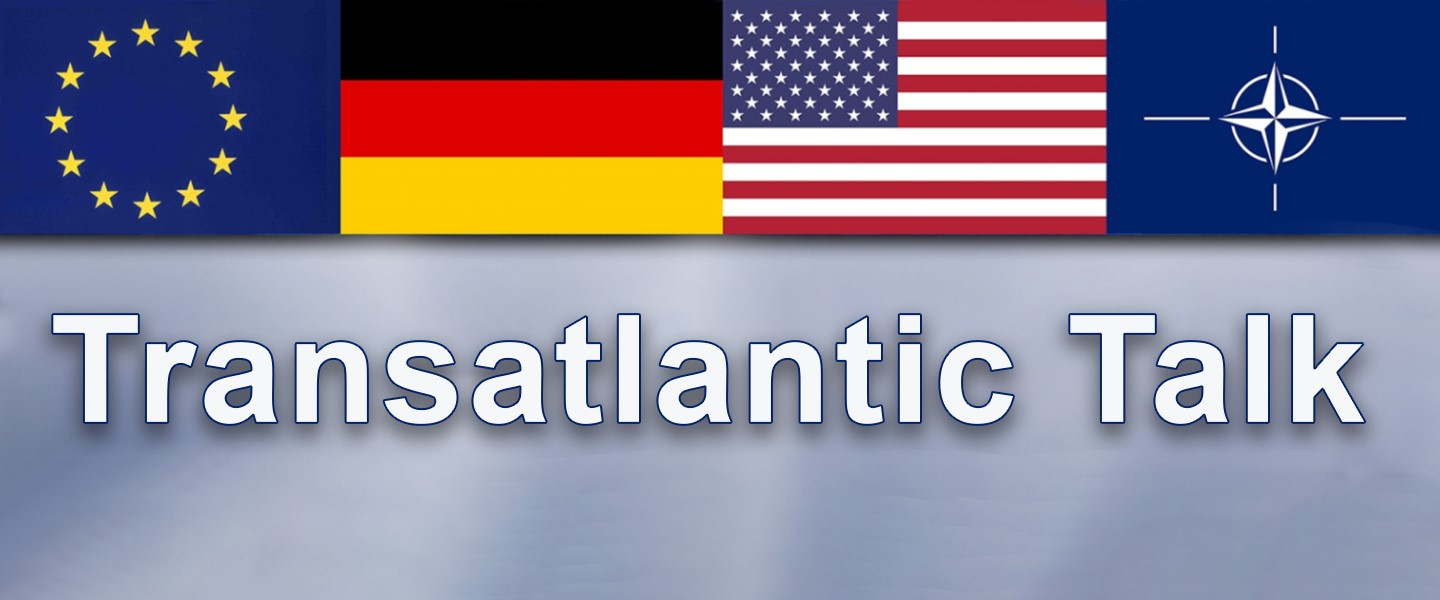 Flags of EU, Germany, USA and NATO with the wording Transatlantic Talk.