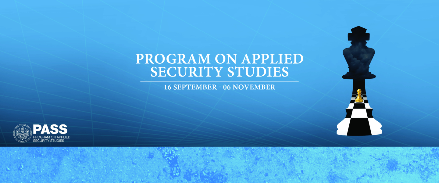 Graphic for the Program on Applied Security Studies, featuring a golden pawn on a checkered path casting the shadow of a king chess piece. Text reads: “Program on Applied Security Studies, 16 September – 06 November.” GCMC and PASS logos appear in the bottom left corner.